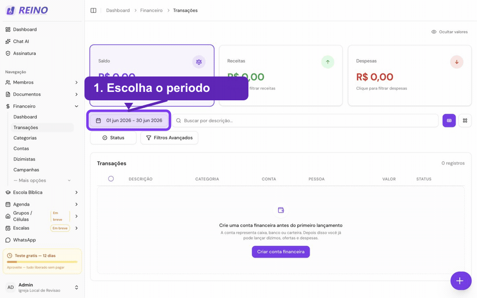 GIF mostrando a tela de transações financeiras com destaque para o período, campo de busca, filtros, status e lista de resultados.