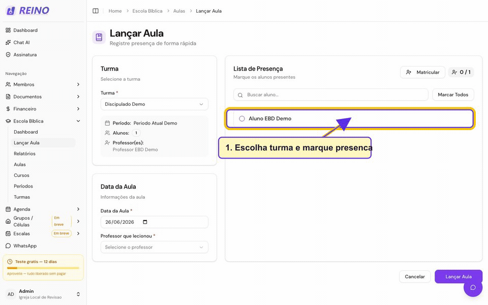 GIF mostrando uma aula lançada, aparecendo na lista de aulas e refletindo no relatório de presença.