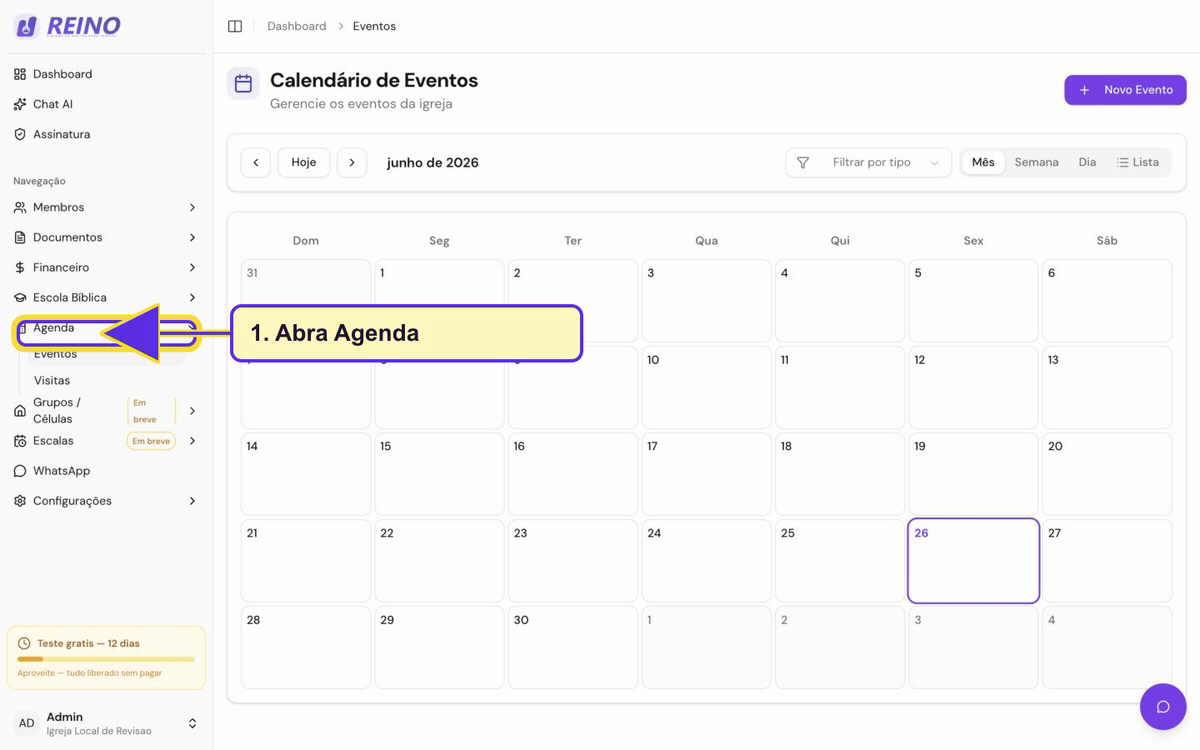 Tela de agenda do Sistema Reino usada para criar e acompanhar visitas e eventos.