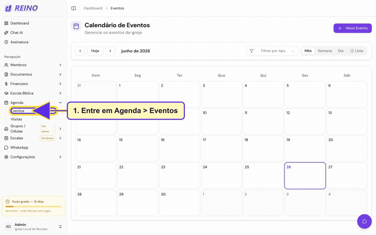 Tela de calendário de eventos do Sistema Reino.