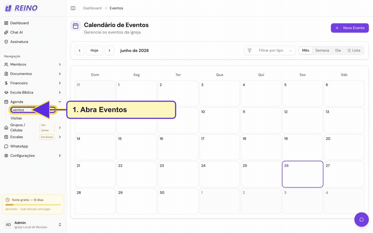 Tela de eventos do Sistema Reino usada para abrir e acompanhar inscrições.
