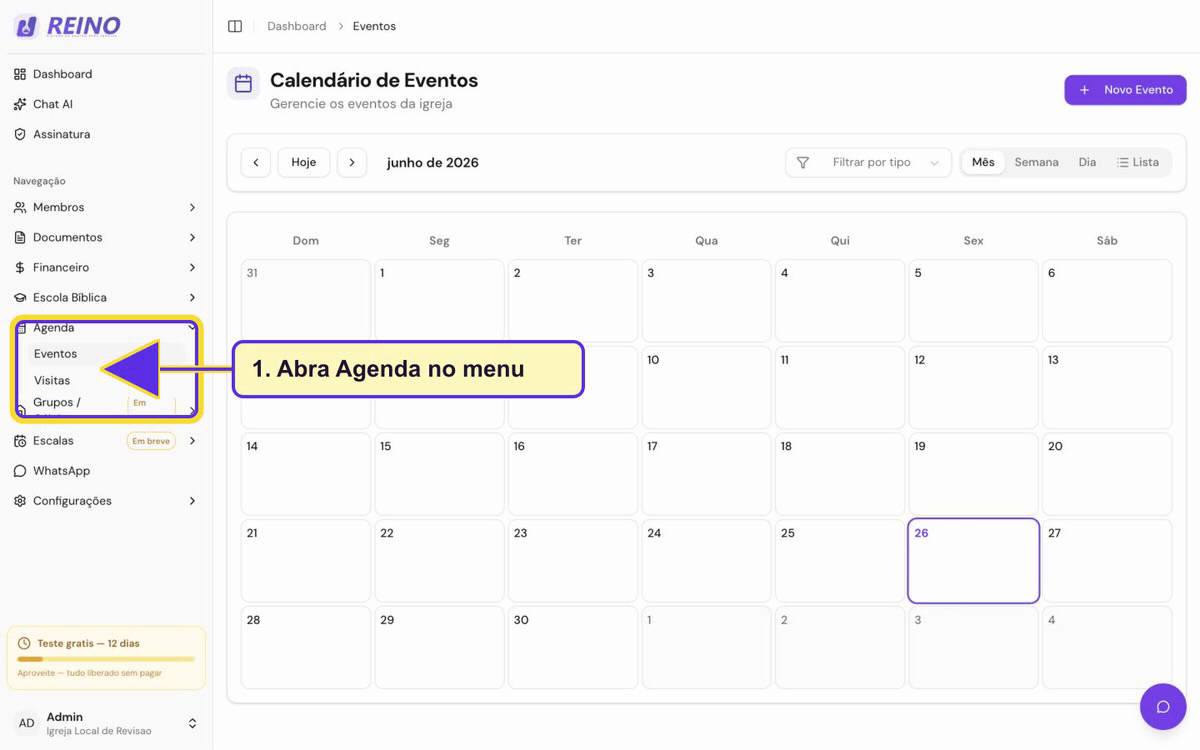 Tela de calendário de eventos do Sistema Reino, com lista e calendário da agenda da igreja.