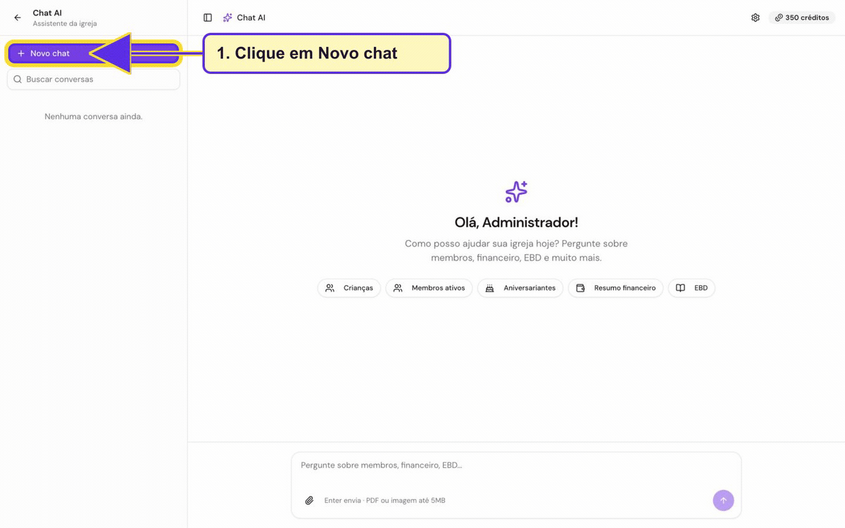 Tela do Chat AI do Sistema Reino, com área de conversa e sugestões de perguntas sobre a igreja.