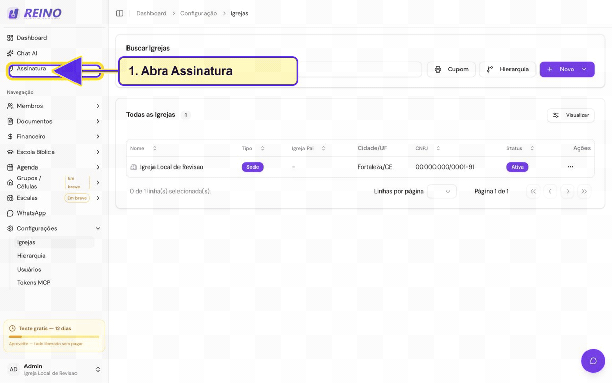 Tela de configurações do Sistema Reino, ponto de partida para áreas administrativas e assinatura.