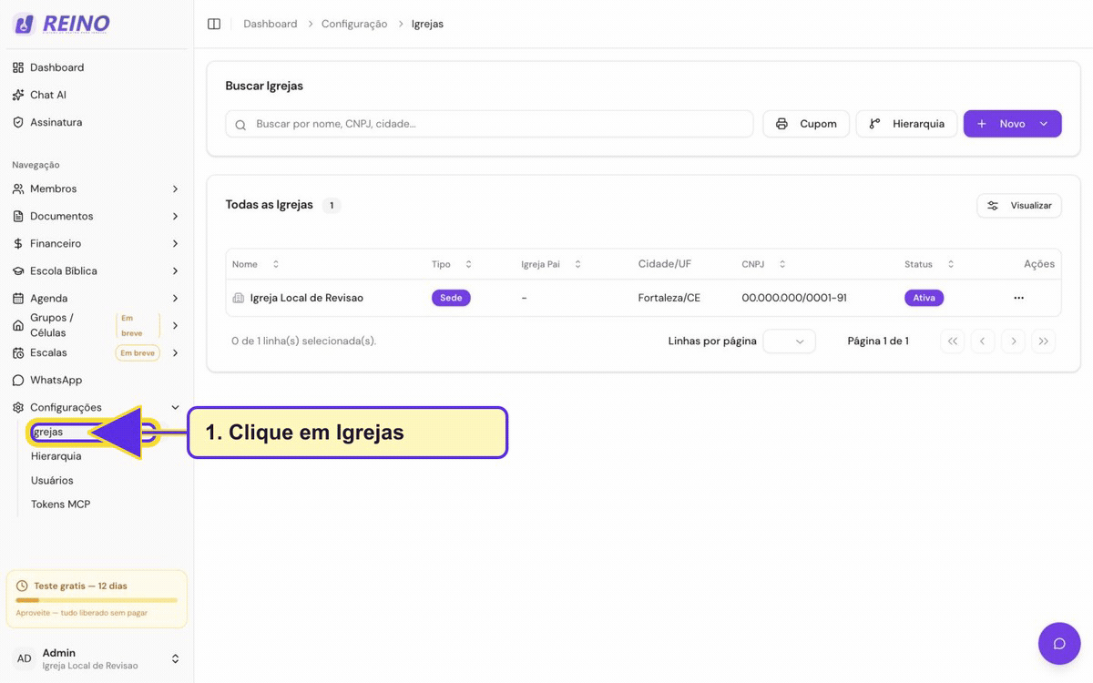 Tela de configuração de igrejas do Sistema Reino.