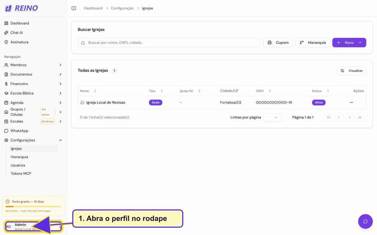 Tela de configuração do Sistema Reino, usada como referência para ajustes da conta.