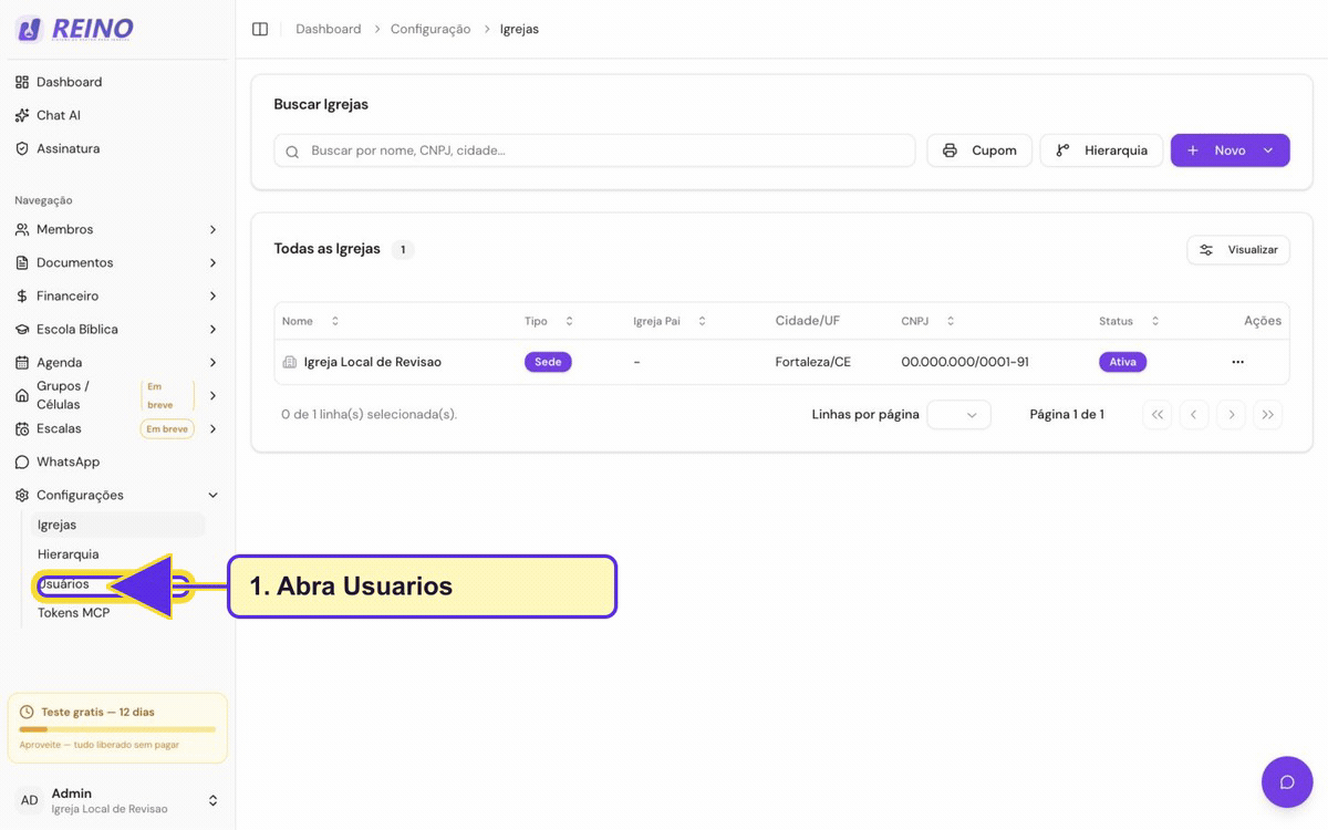 Tela de configurações do Sistema Reino, usada como referência para administrar usuários.