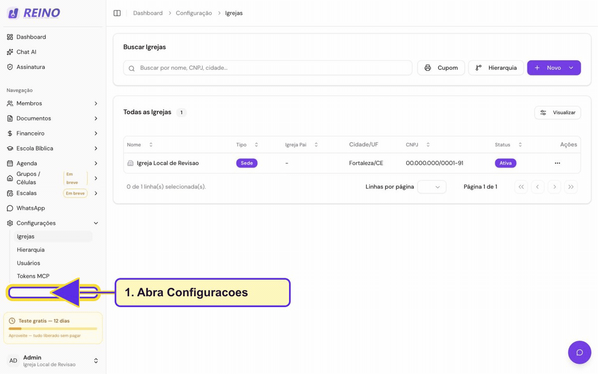 Tela de configuração de igrejas do Sistema Reino, com lista e opções de cadastro da estrutura da igreja.