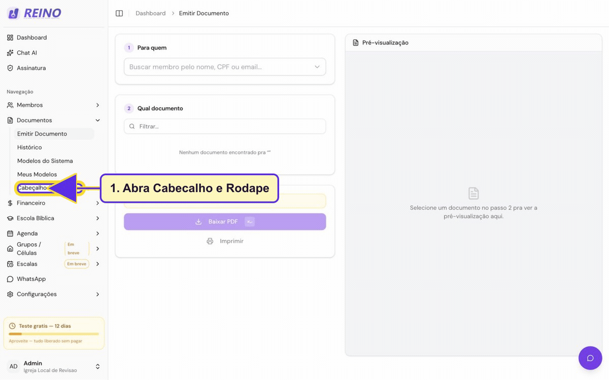 Tela de documentos do Sistema Reino usada para configurar e emitir documentos.