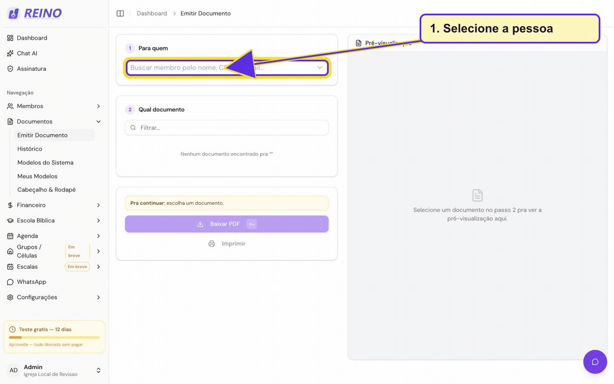 Tela de emissão de documentos do Sistema Reino.