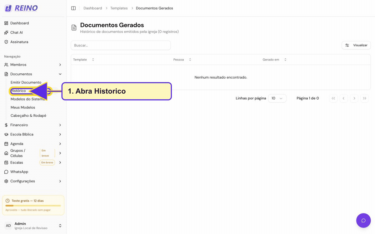 Tela de histórico de documentos do Sistema Reino.