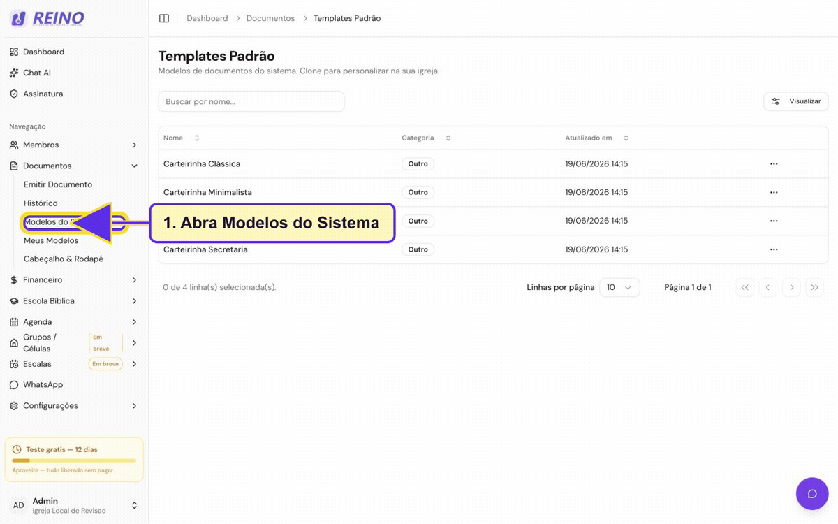 Tela de modelos de documentos do Sistema Reino.