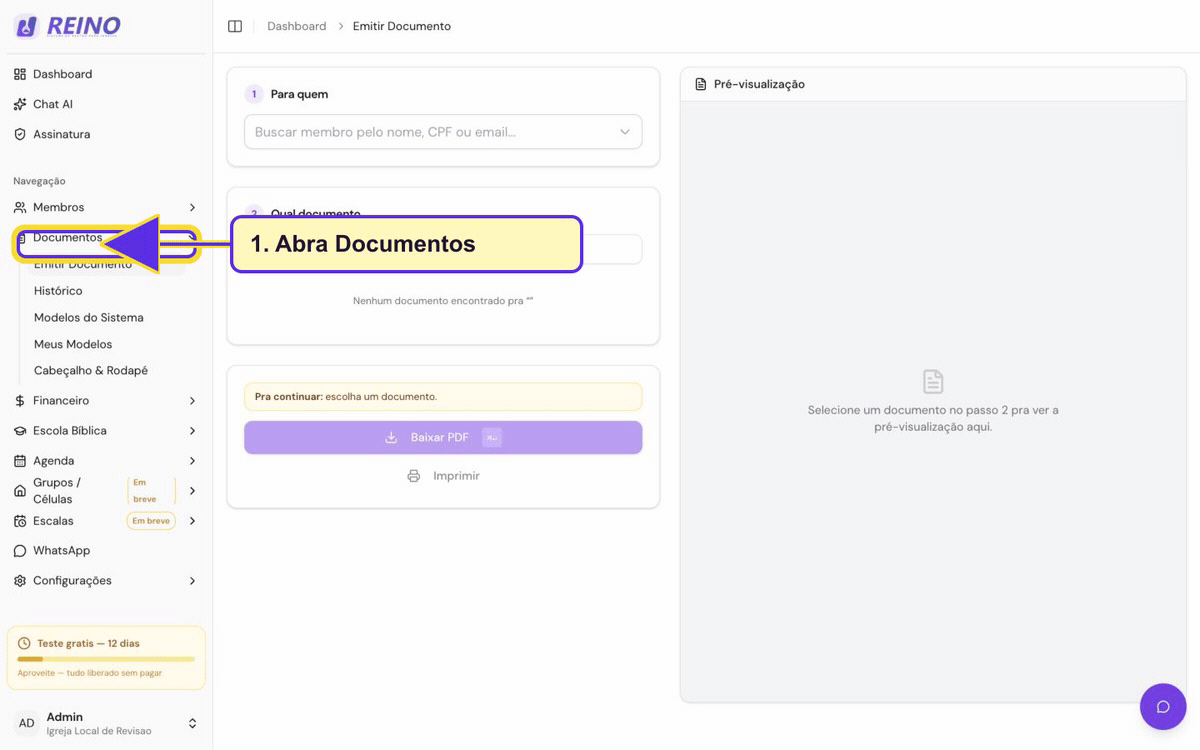 Tela de emissão de documentos do Sistema Reino, com opções para escolher modelos e gerar documentos.