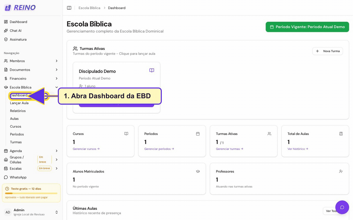 Tela da Escola Bíblica com dados cadastrados de curso, período, turma e aula.