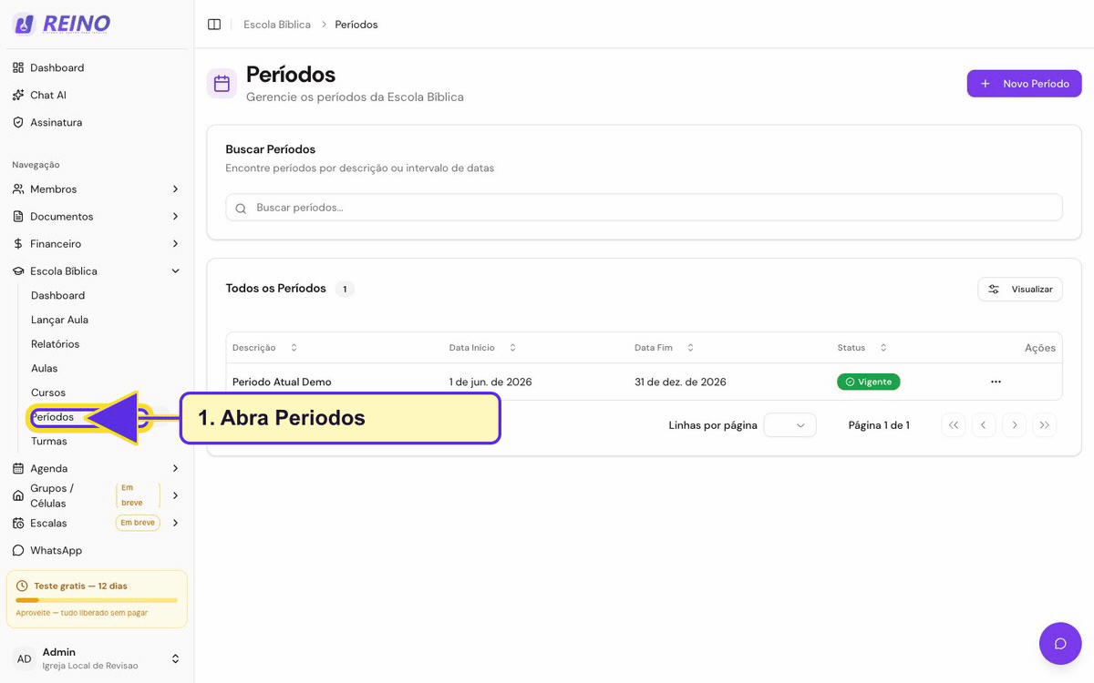 Tela de períodos da Escola Bíblica com o período atual salvo e listado.