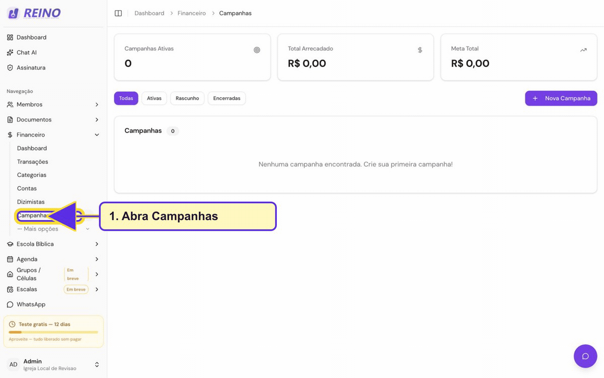 Tela de campanhas financeiras do Sistema Reino.