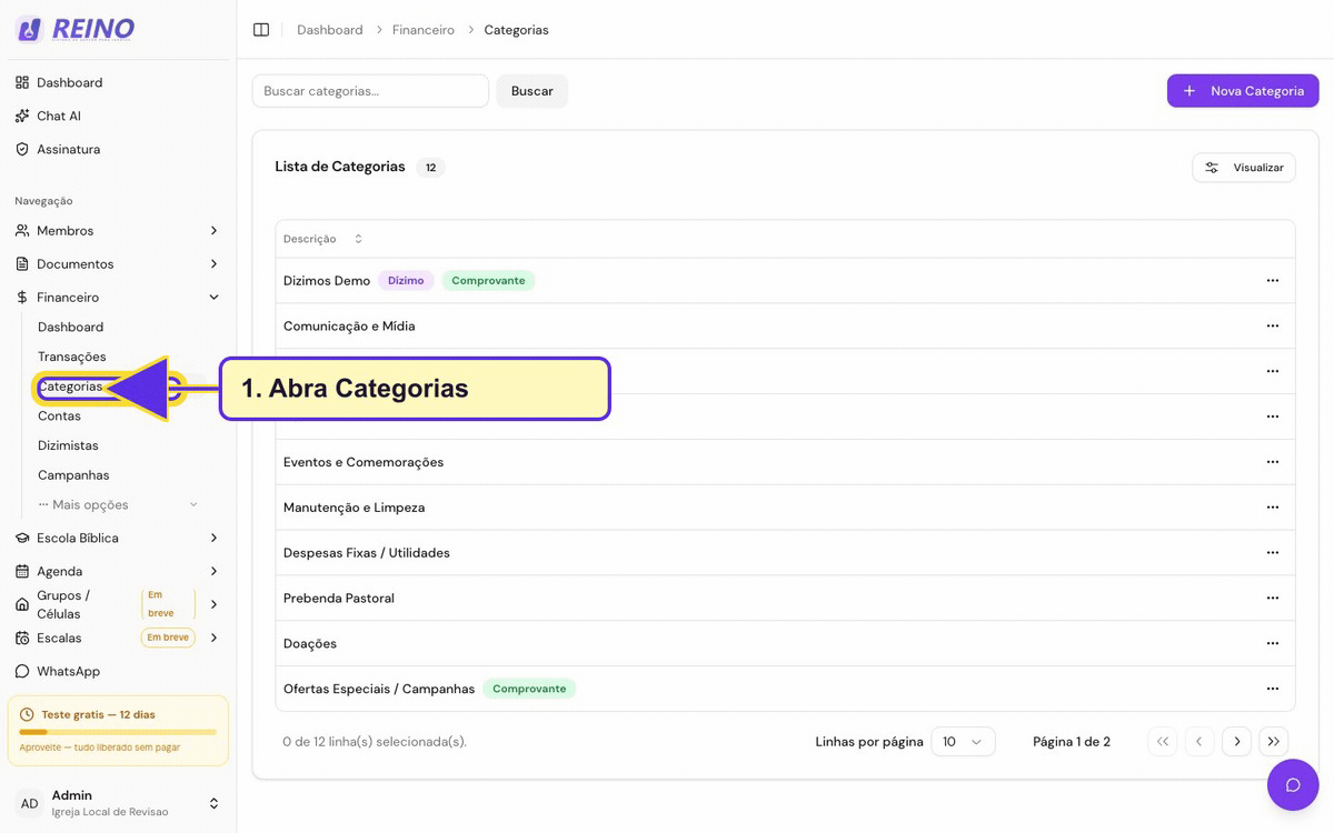 Tela de categorias financeiras com a categoria Dizimos Demo salva e listada.