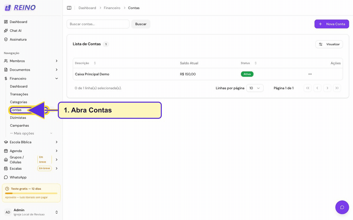 Tela de contas financeiras com a conta Caixa Principal Demo salva e listada.
