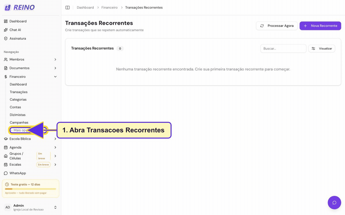 Tela de transações recorrentes do Sistema Reino.