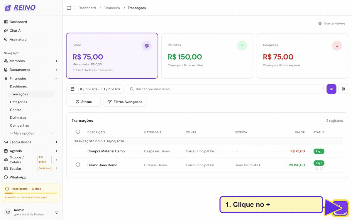 Tela de transações financeiras com uma despesa salva aparecendo na lista.