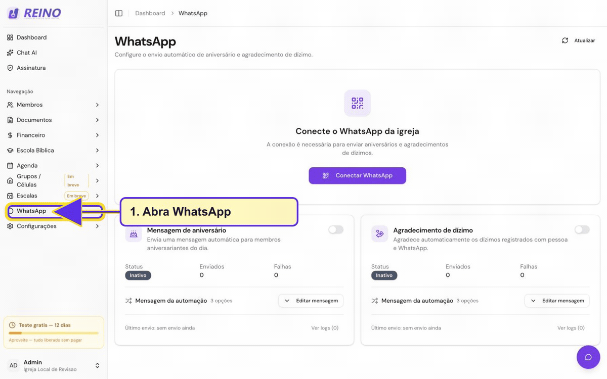 Tela de WhatsApp do Sistema Reino usada para conexão e automações.