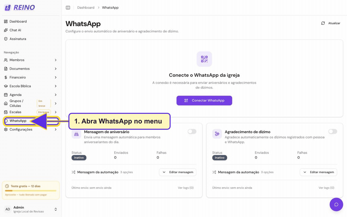 Tela de WhatsApp do Sistema Reino, com área para conectar o número da igreja e acompanhar status.