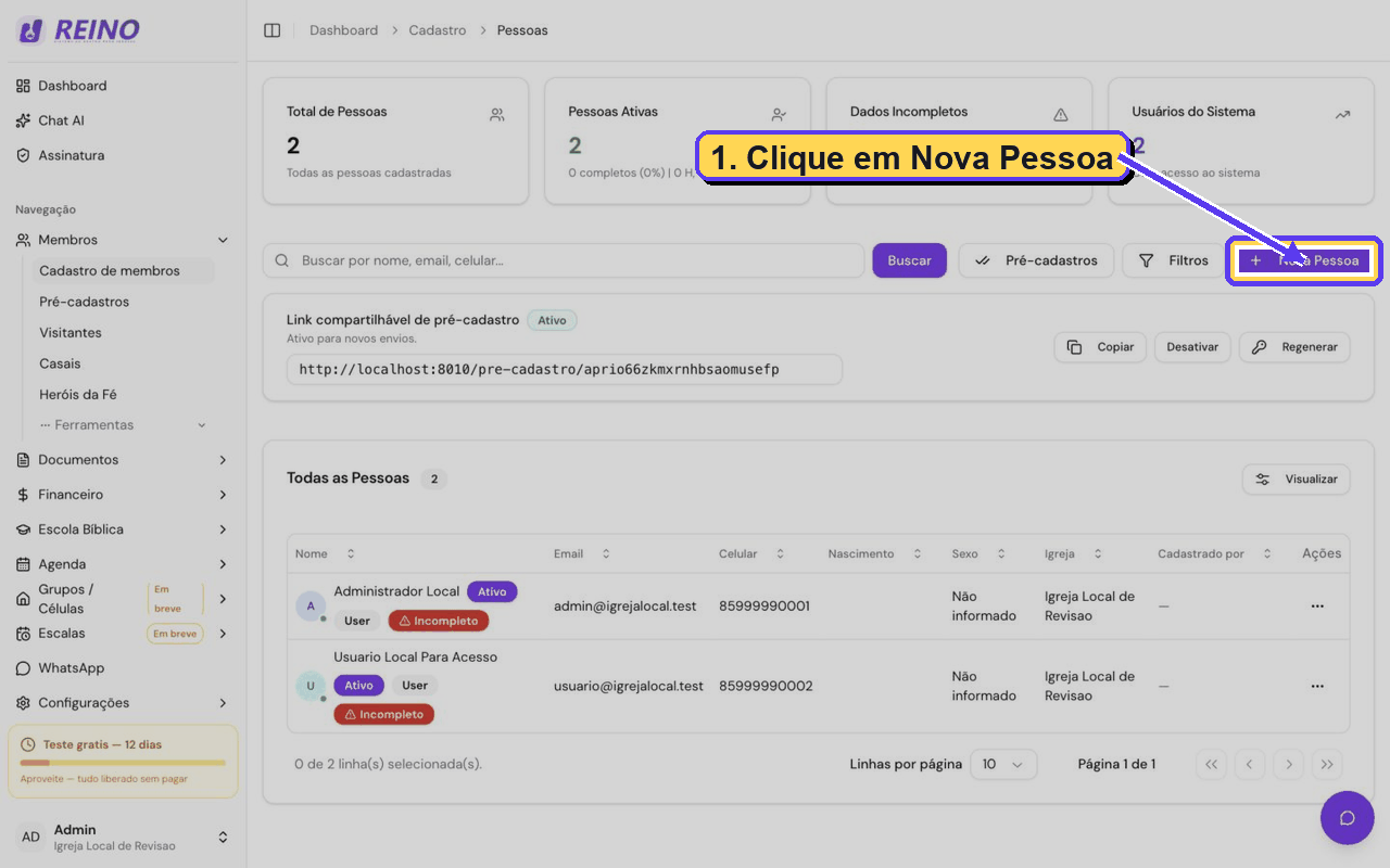 GIF mostrando o clique em Nova Pessoa, os campos principais do formulário e o botão Salvar.