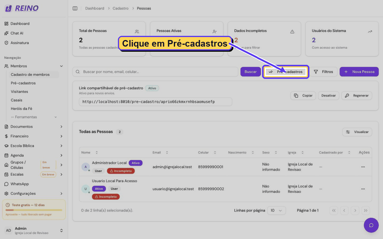 GIF mostrando onde clicar em Pré-cadastros, onde copiar o link e onde revisar respostas recebidas.