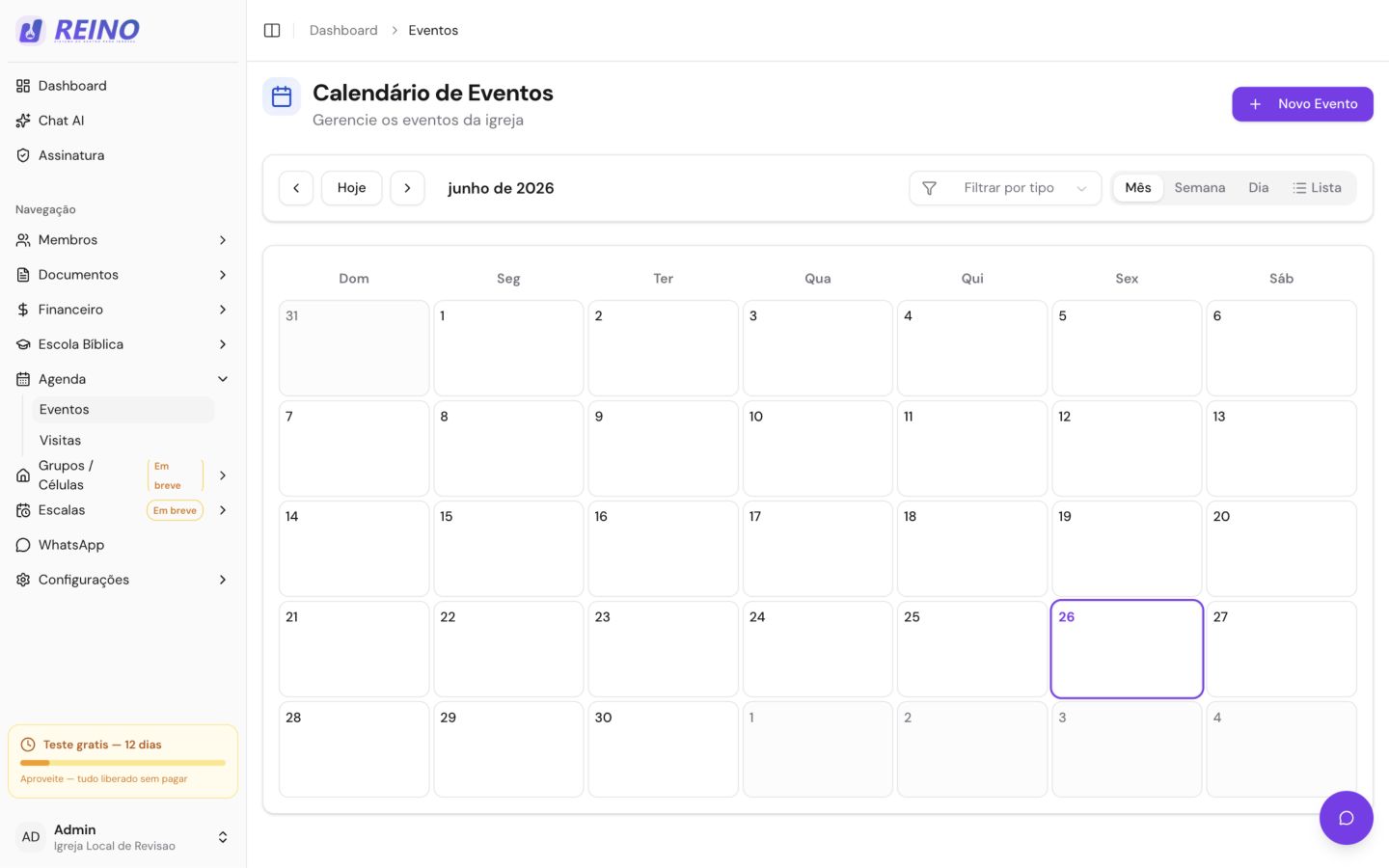 Tela de calendário de eventos do Sistema Reino, com lista e calendário da agenda da igreja.