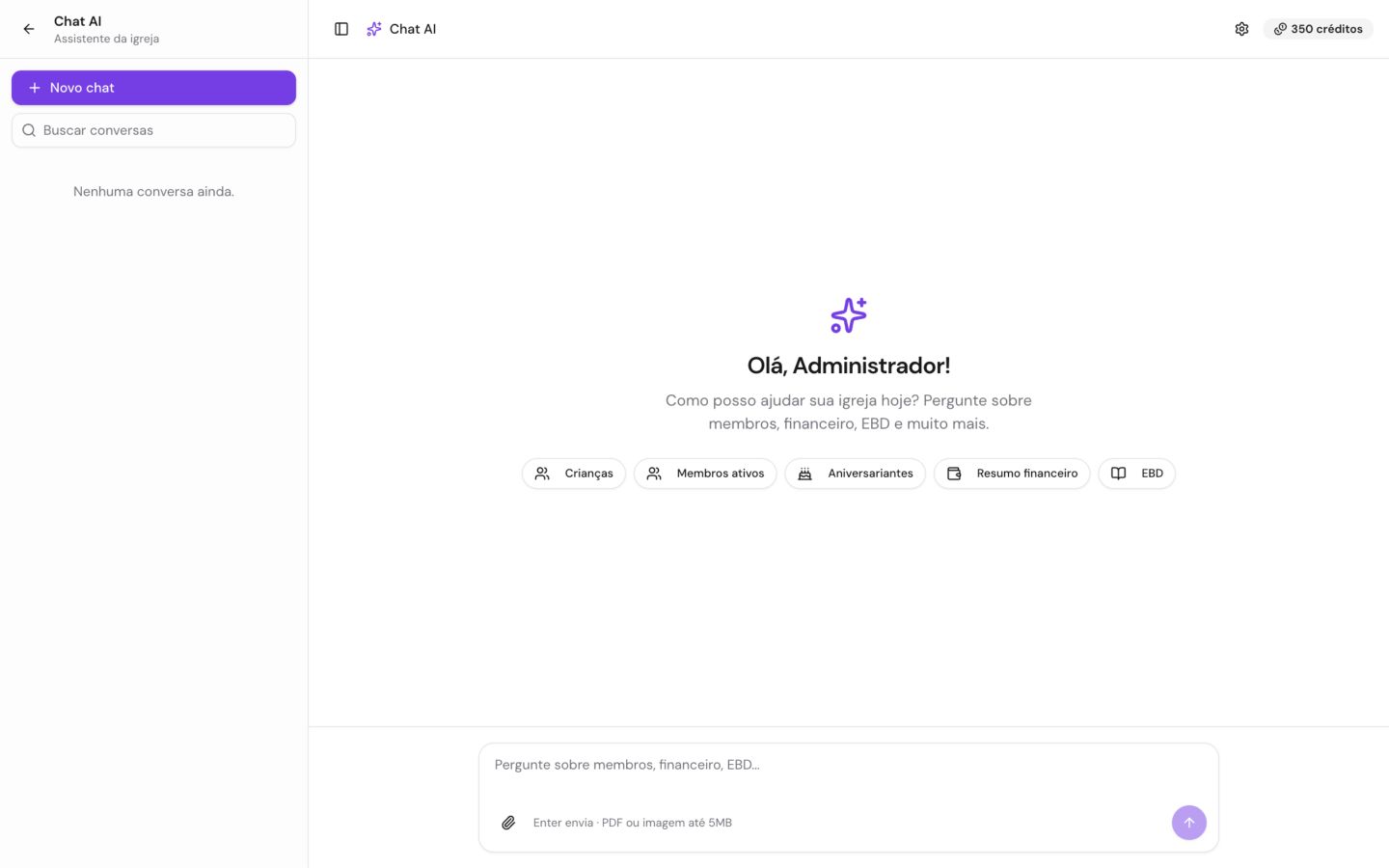 Tela do Chat AI do Sistema Reino, com área de conversa e sugestões de perguntas sobre a igreja.