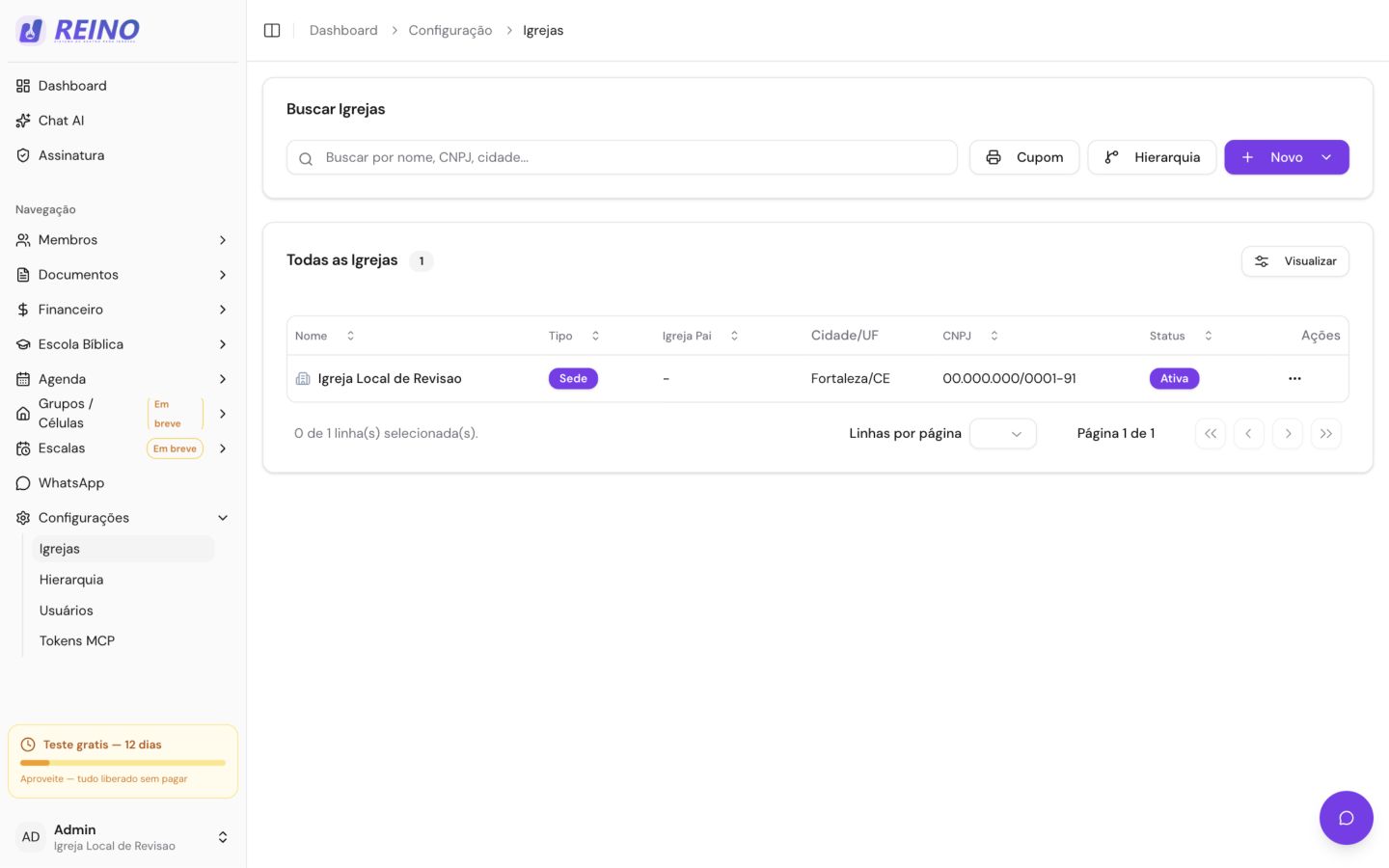 Tela de configuração de igrejas do Sistema Reino, com lista e opções de cadastro da estrutura da igreja.
