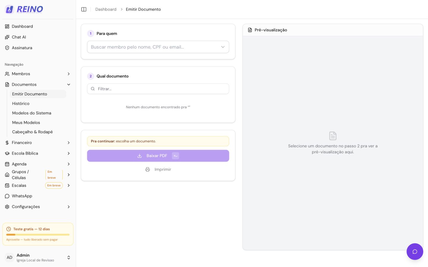 Tela de emissão de documentos do Sistema Reino, com opções para escolher modelos e gerar documentos.