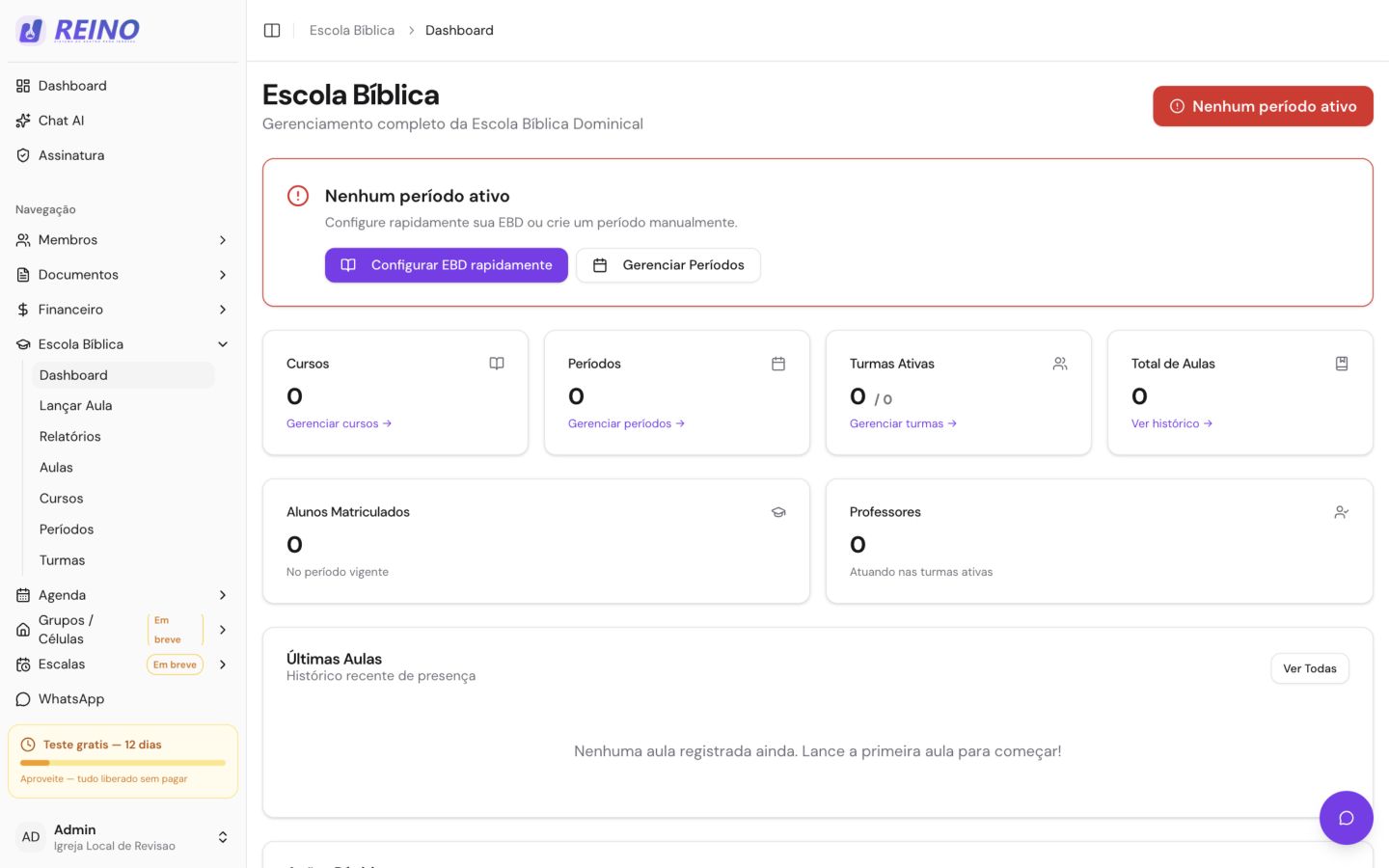 Tela da Escola Bíblica no Sistema Reino, com botão de configuração rápida, cards de cursos, períodos, turmas e aulas.
