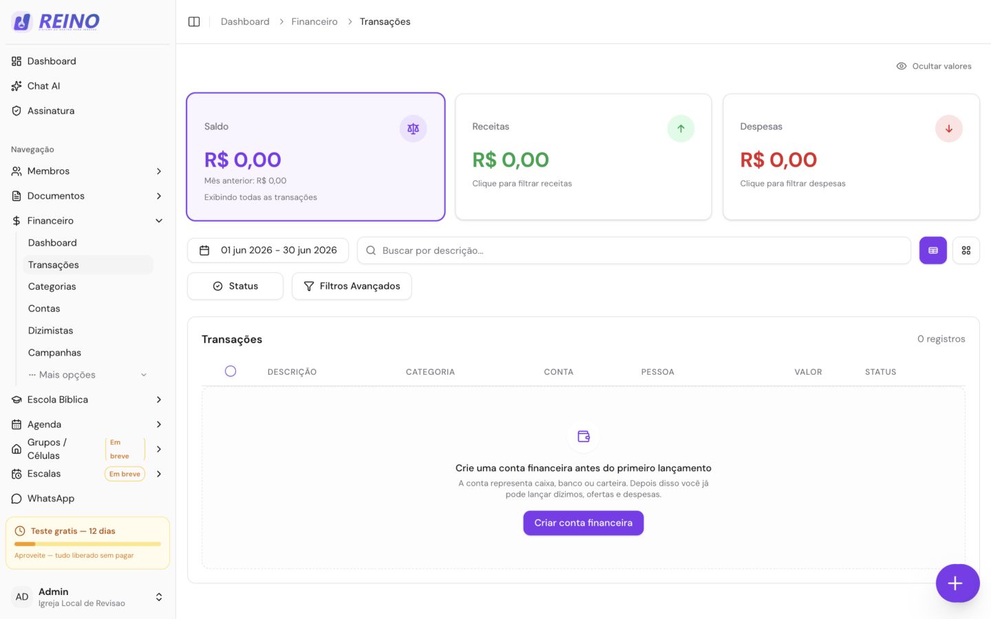 Tela de transações financeiras do Sistema Reino, com resumo de saldo, receitas, despesas, filtros e lista de lançamentos.