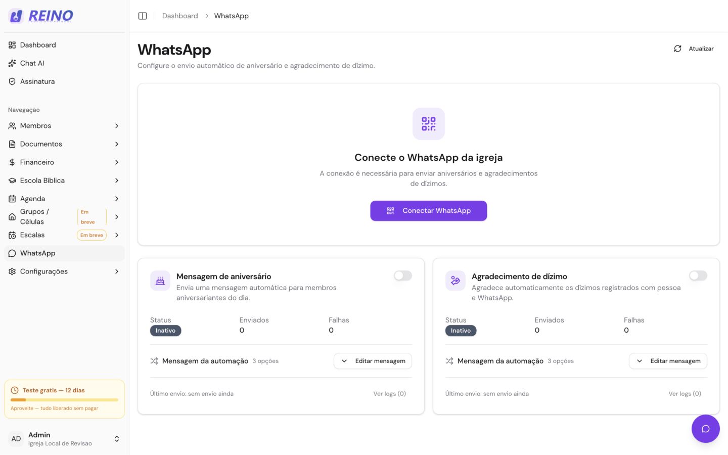 Tela de WhatsApp do Sistema Reino, com área para conectar o número da igreja e acompanhar status.